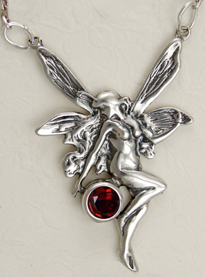 Sterling Silver Victorian Heart Fairy Pendant With Garnet